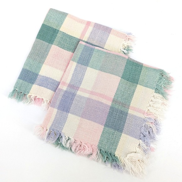 Other - Vintage Pink Green Pastel Plaid Cloth Napkins Set of 2 Fringed Woven Linens 14"